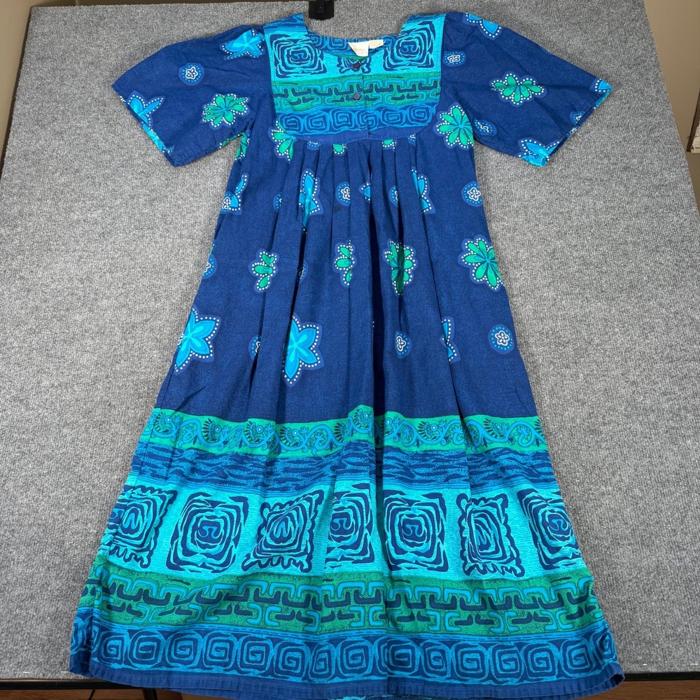 Vintage Carriage Court Blue Cotton Floral Muumuu House Dress Nepal MED #4554